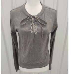 Mudd Blouse Top Laceup Long Sleeve Shirt Gray Bleach Tie Dye Look Modal XS